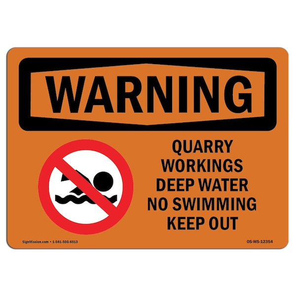 Safety Sign, OSHA WARNING, 7" Height, Aluminum, Quarry Workings Deep Water No, Landscape